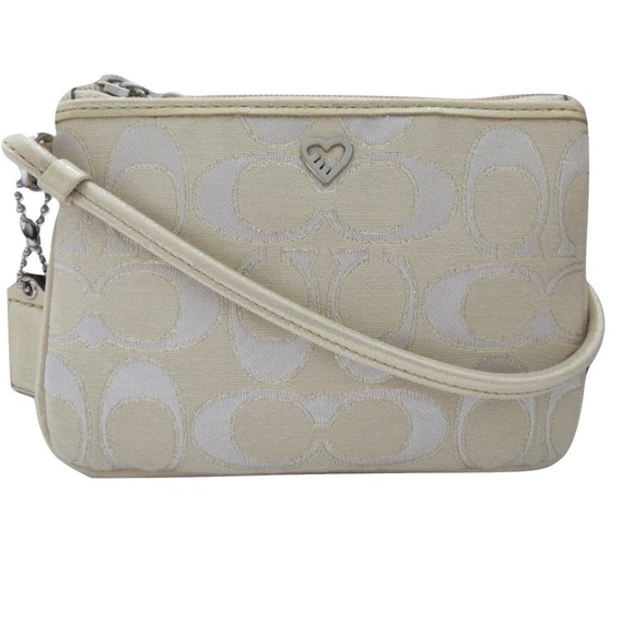 🍍Coach Poppy Heart Khaki Shimmering Gold Signature Wristlet Purse Coach Poppy - Picture 4 of 10